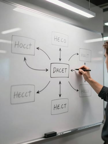 Wide shot of a whiteboard covered in hand-drawn system diagrams and connector arrows, a team member's arm visible mid-write, overhead fluorescent light, raw office environment