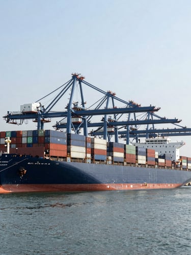Wide-angle editorial corporate photography of a modern architectural deep-water port, massive container ship docked, cool crisp daylight, deep navy and steel gray tones, 35mm lens.
