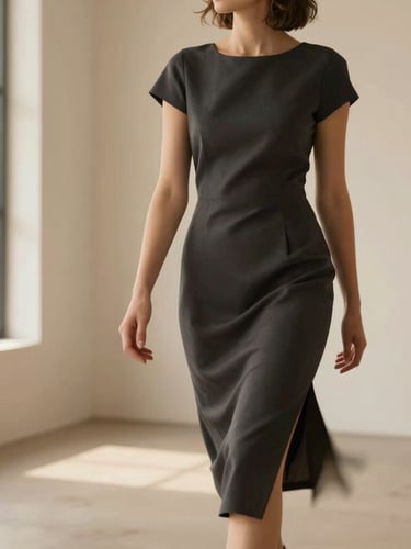 A woman in a structured deep anthracite crepe dress walking through a high-ceilinged modern gallery, soft side lighting, motion blur on the hem, elegant editorial fashion shot