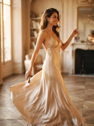 A elegant woman in a flowing silk champagne evening gown, captured in soft golden-hour window light, movement, 35mm film style