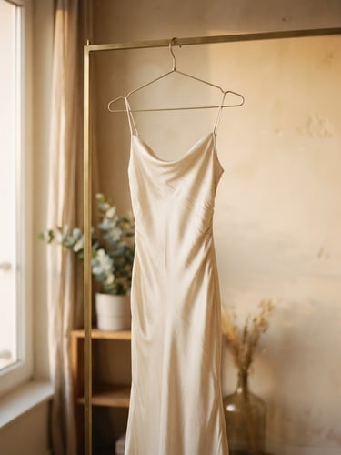 Soft golden-hour window light illuminating a luxurious silk dress hanging on a minimalist brass rack, warm champagne background, editorial fashion photography style