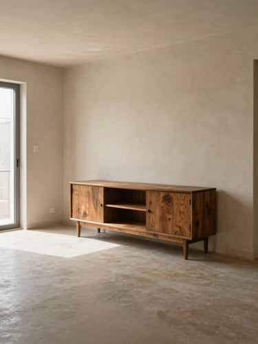 Wide environmental shot of a completed living room interior, north-facing natural daylight, warm plaster walls and aged teak sideboard visible, empty space showing full room proportion and material palette