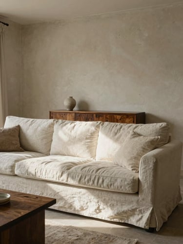 Wide environmental shot of a completed living room interior, natural north-facing light streaming across a textured linen sofa and aged teak sideboard, warm plaster wall in background, muted palette of stone and cream, full room proportion visible, no people