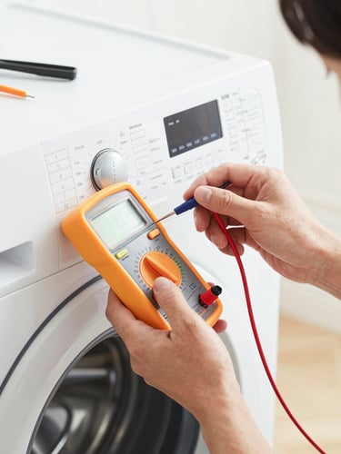 Close-up of a technician's clean hands using a precise digital multimeter to test the electrical panel of a modern front-load washing machine, bright high-key lighting, clean tools organized nearby.