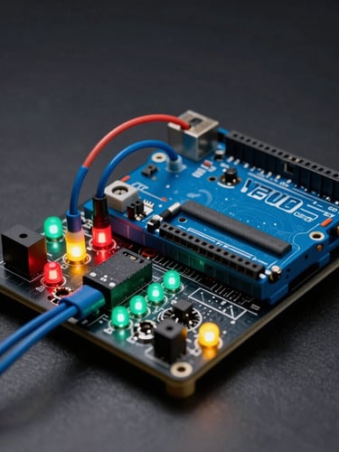 Macro close-up of a dark breadboard wired with glowing red, yellow, and green LEDs, clean blue jumper wires routing to an Arduino microcontroller, high-contrast studio lighting, dark background.