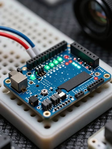 Macro close-up of a dark blue Arduino microcontroller board with glowing green and red LEDs, neat jumper wires routed across a breadboard on a dark carbon surface, high-contrast studio lighting.