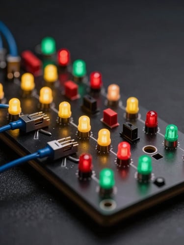 Macro close-up of a dark breadboard with glowing red, yellow, and green LEDs wired cleanly with blue jumper cables, high-contrast studio lighting, dark background.