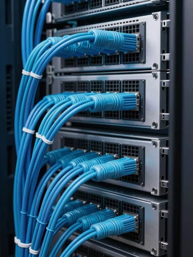 Close-up of a high-performance server rack with meticulously organized cyan and blue cables, cool ambient LED glow, crisp editorial tech environment