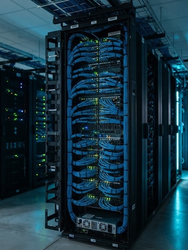 Crisp editorial photography of clean modern server racks with tidy blue ethernet cabling, soft cyan ambient glow, 35mm lens, wide angle.
