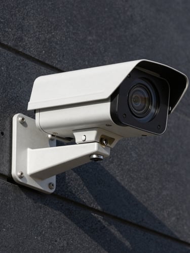 Close-up of a high-end commercial CCTV camera mounted cleanly on a dark architectural concrete wall, sharp straight-on technical angle, bright Western Australian daylight, crisp high-contrast shadows.