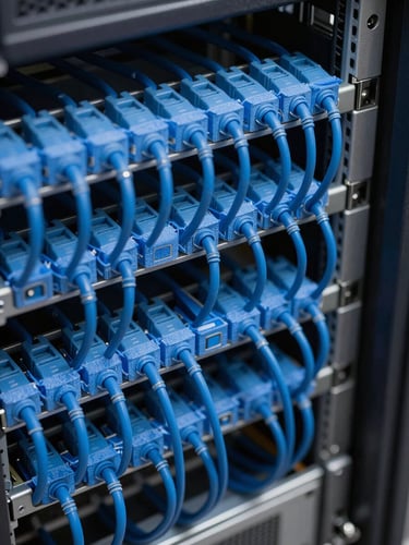 Close-up of impeccably neat Cat6 cable management inside a server rack, combed blue cables secured with velcro straps at perfect right angles.