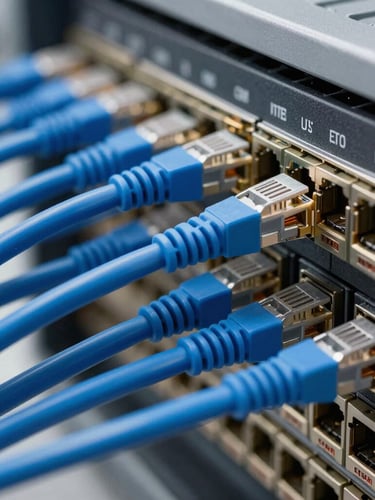 Macro technical shot of perfectly combed blue Cat6 cables terminated into a black patch panel, bright indoor commercial lighting, straight angles.
