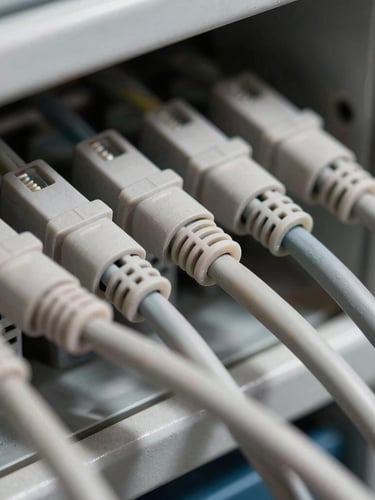 Macro shot of impeccably neat security cabling terminated inside a structured enclosure, combed wires, high contrast shadows