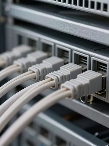 Close-up macro shot of impeccably neat, combed data cabling inside a professional network rack, bright technical lighting.