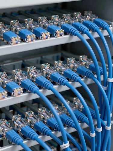 Close-up of an impeccably neat data cabling cabinet with perfectly combed blue ethernet cables and clean terminations, bright technical lighting