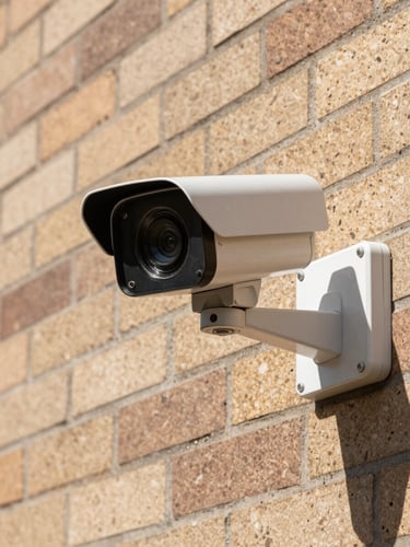 Close-up of a high-end CCTV camera mounted cleanly on an architectural brick wall in bright Perth daylight, sharp shadows.