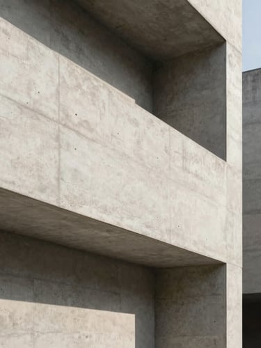 Architectural detail of a minimalist concrete facade under soft directional daylight, clean structural lines, generous negative space.