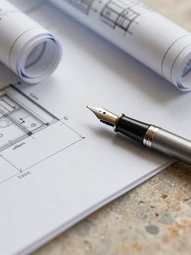Macro detail of physical research documents, architectural blueprints, and a classic fountain pen resting on a warm stone surface, soft natural side lighting