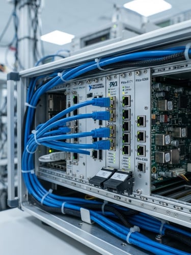 Macro shot of a clean-room PXI test chassis with blue ethernet cabling, silver metal shielding, and sharp laboratory lighting, 35mm