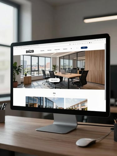 Wide-angle studio shot: a large desktop monitor on a clean desk displays a polished B2B website homepage — crisp navigation, hero image of a modern office, clear CTA button — photographed straight-on under cool natural window light from the left, slight desk surface visible at bottom edge