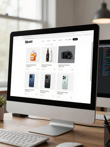 Close-up of a large desktop monitor displaying a clean, fully designed e-commerce website with clear navigation and product grid, photographed straight-on in a tidy studio workspace, natural daylight from upper left, second monitor partially visible at the right edge showing CSS code
