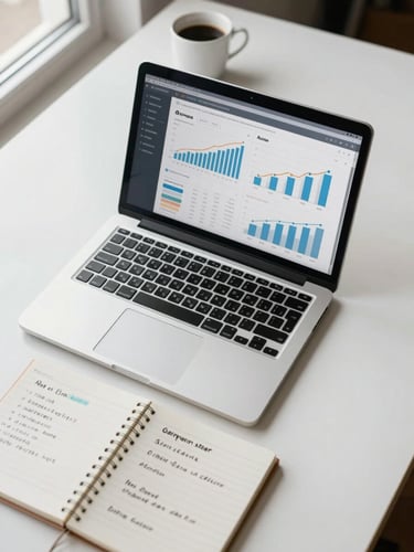 Overhead shot of a desk with an open laptop showing a social media analytics dashboard with engagement graphs and follower growth charts, a spiral notebook with handwritten content notes beside it, a coffee cup at the top edge, natural window light from the left, clean minimal workspace
