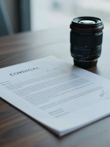 Close-up of a signed legal contract on a dark wooden table, soft office lighting, desaturated blue tones, 35mm lens