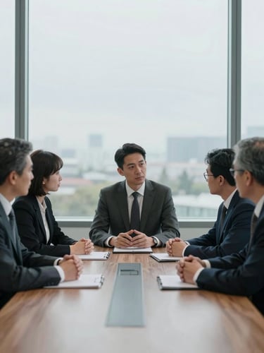 Professional consultants in a serious meeting around a wooden table, soft overcast daylight, muted desaturated blues, 35mm lens