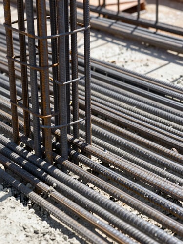 Close-up documentary construction photography of raw steel reinforcement bars and fresh concrete pouring on an active site, sharp focus, 35mm lens.