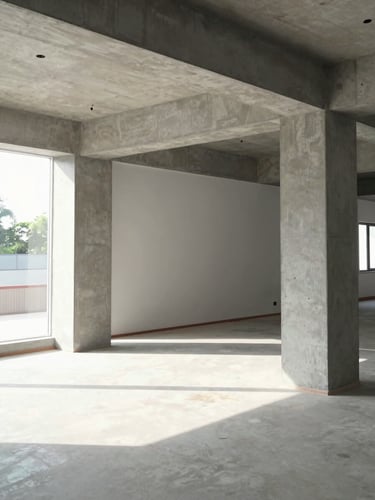 Documentary shot of a finished modern commercial interior fit-out in India, clean lines, industrial concrete accents, bright natural light.