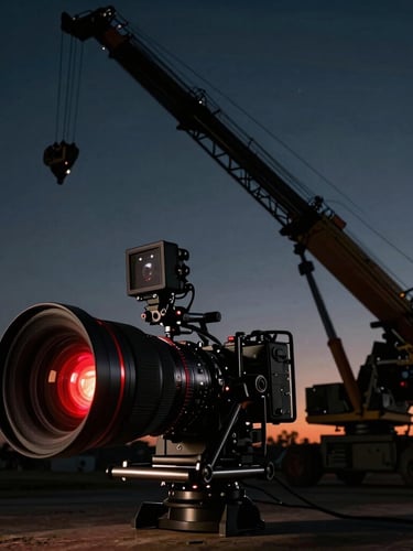 Extreme wide anamorphic shot of a film set at night, a massive camera crane silhouetted against dramatic cinematic lighting, low-key chiaroscuro, deep red accent light on the lens