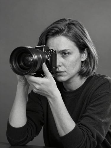 Moody black and white portrait of director Elena Rostova looking through an anamorphic camera viewfinder, dark set, soft atmospheric haze