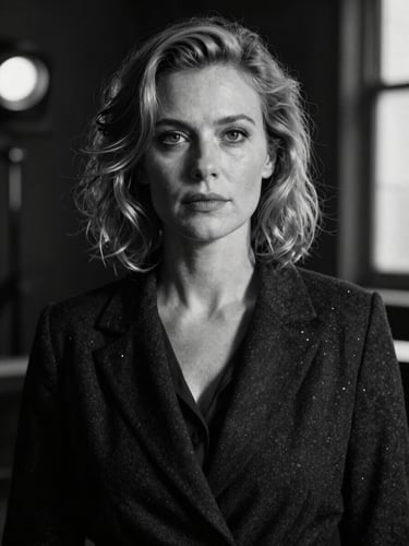 High-contrast black and white portrait of director Helena Vance on a dark cinematic set, low-key lighting, dramatic shadows