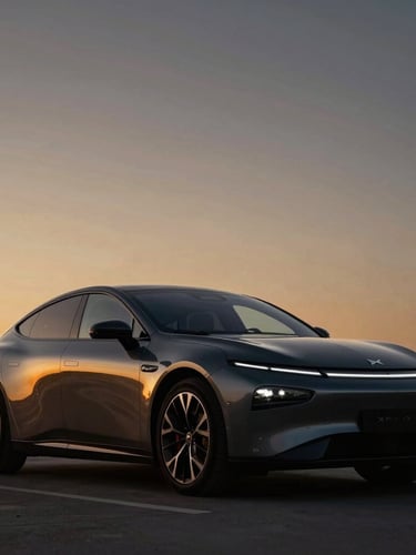 Cinematic wide shot of the sleek dark metallic XPENG P7+ parked in Toulouse at twilight, golden hour reflections on the aerodynamic body, low-key lighting, luxury atmosphere.