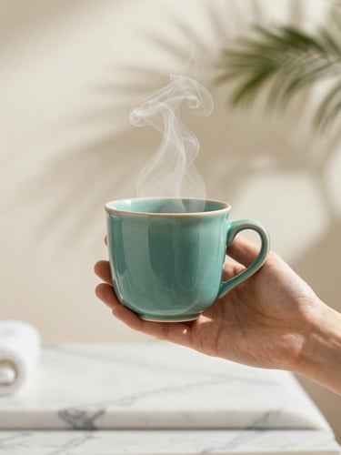 Portrait shot of a hand gently holding a premium teal ceramic mug, steam rising, against a soft-focus background of a sunlit wellness studio with a subtle palm leaf shadow. The image bleeds to the right edge.