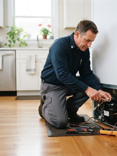 Professional technician in a clean, branded uniform working on a refrigerator compressor, hands-at-work, bright natural home lighting, sharp focus, 35mm lens, subject on the right third, ample negative space on the left.