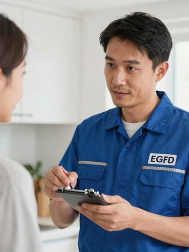 Medium close-up of a professional technician in a branded uniform, politely discussing a repair with a homeowner in a bright, natural home kitchen setting, sharp focus.