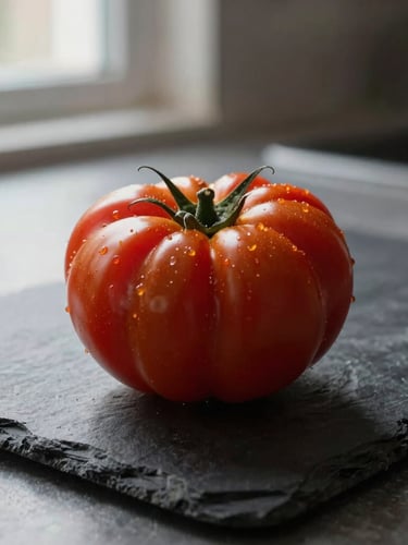 A macro shot of a raw, deeply textured heirloom tomato resting on a dark slate kitchen prep table, soft side-lighting from a nearby window, shallow depth of field.