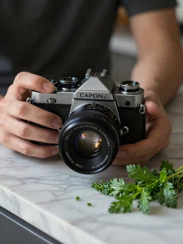 Close-up portrait under soft directional daylight of hands holding a vintage camera, capturing fresh green herbs on a marble kitchen counter