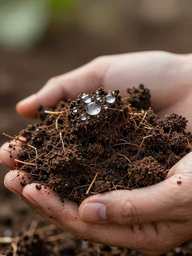 A close-up of a hand holding dark, rich organic soil, wet with morning dew, detail of earth and roots, soft daylight