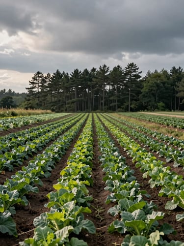 Overcast morning light over a wide New England organic farm, neat rows of leafy greens stretching toward a distant line of pine trees under a heavy grey sky, cinematic 21:9 composition