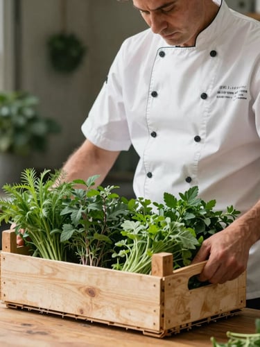Overcast daylight shot of a chef standing at a wooden table outdoors, holding a crate of freshly harvested dark green herbs.