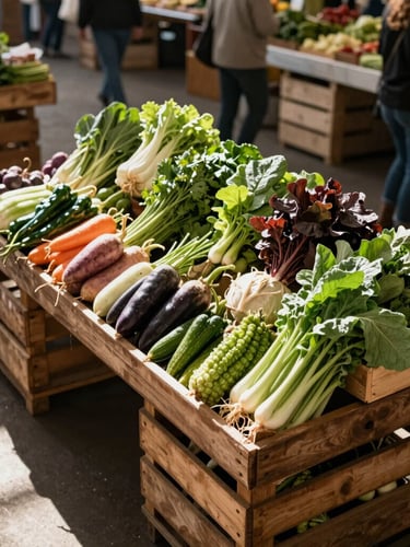 Overhead view of an indoor artisanal market stall, sunbeams lighting fresh heirloom vegetables, rustic wooden crates, and shoppers in soft focus.