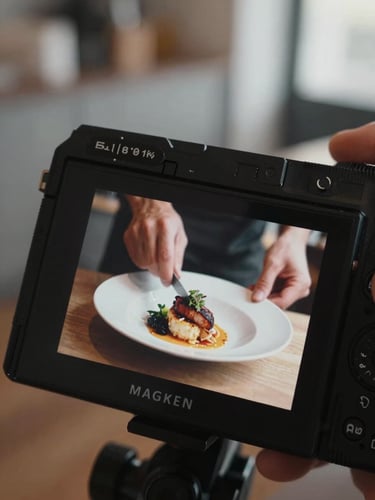 Close-up of a camera screen displaying a live food shoot, showing hands plating a dish in a quiet, Scandinavian-style restaurant kitchen, soft directional daylight, shallow depth of field.