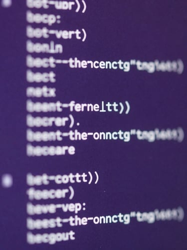 Macro close-up of a high-contrast digital interface displaying minimalist code structure, cool violet ambient light with sharp highlights, clean and technical layout.