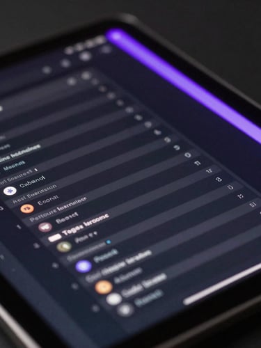 Macro close-up of a dark, high-contrast digital learning interface on a tablet screen, sharp neon violet highlights, cool ambient lighting, precise lines.