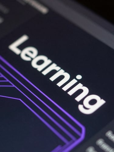 Macro close-up of a high-contrast dark digital learning interface, sharp violet lines, clean typography, abstract geometric pathways, cool moody ambient light with sharp highlights