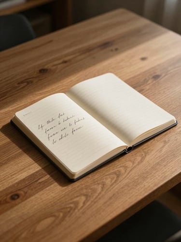 Soft, indirect daylight casting gentle shadows across an empty oak reading desk, a single open notebook with elegant handwriting, minimalist styling.