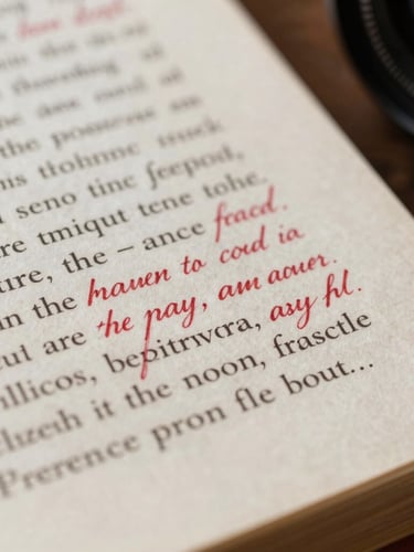 A close-up macro shot of a physical book manuscript page, heavily annotated with elegant red-pen corrections, soft side-lighting highlighting the paper texture.