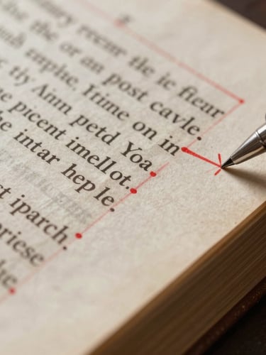 Extreme macro shot of a heavily annotated physical manuscript page, red pen corrections marking the margins, soft side lighting highlighting paper texture.